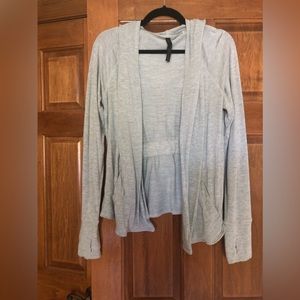 Women’s large hooded yoga jacket , heather gray, 96 %Rayon, 4% Spandex